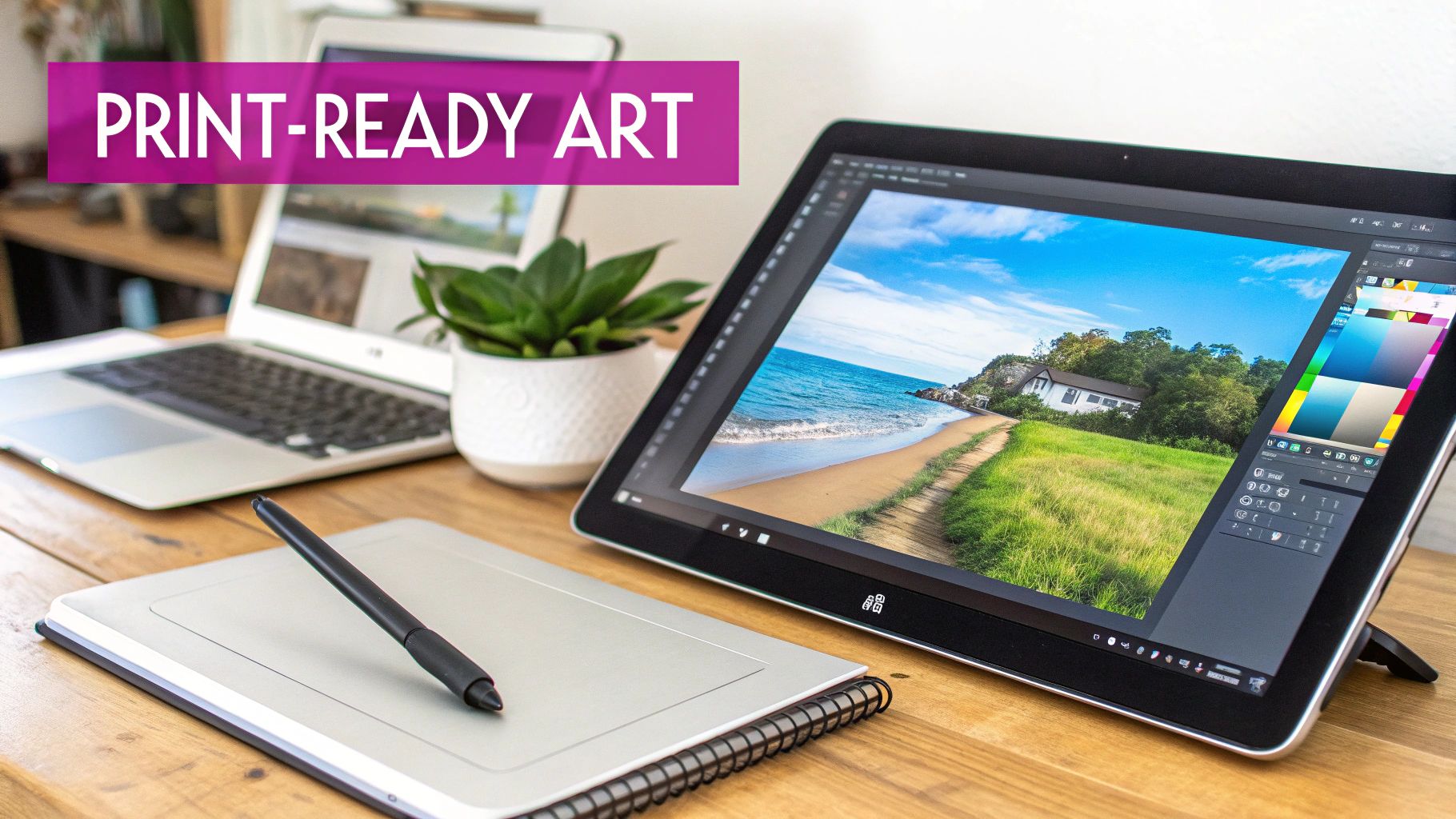 A person's hands editing a black and white line art image on a computer screen, with a physical coloring page and pencils nearby.