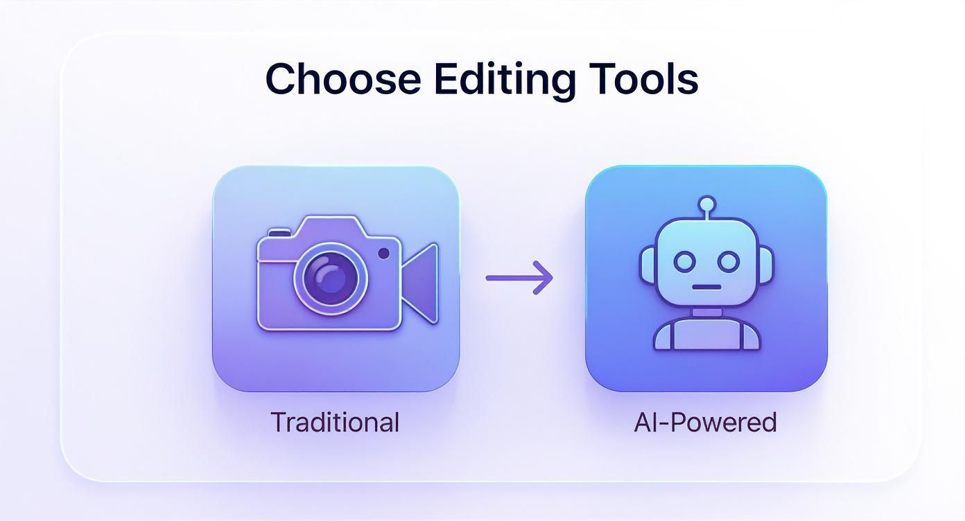 Interface showing traditional video camera icon and AI-powered robot icon representing editing tool options