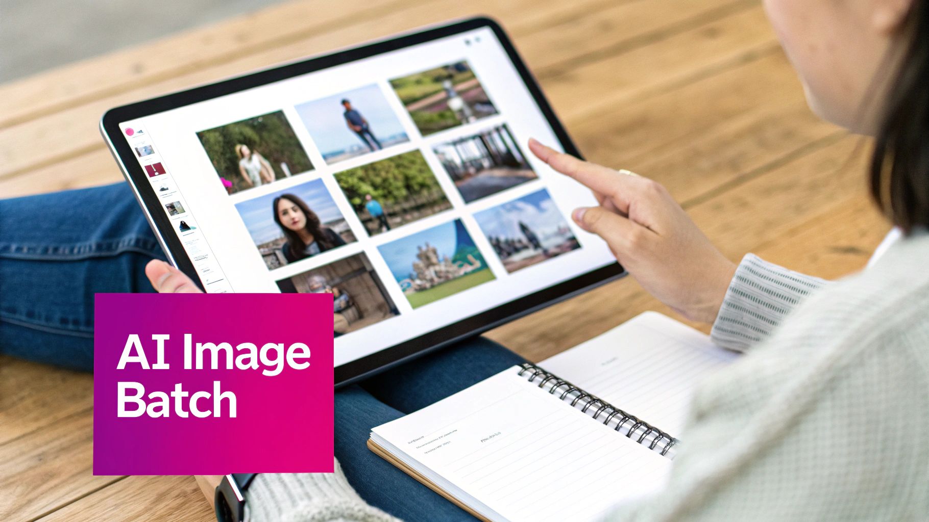 Person interacting with a tablet displaying a gallery of images, with 'AI Image Batch' text overlay.
