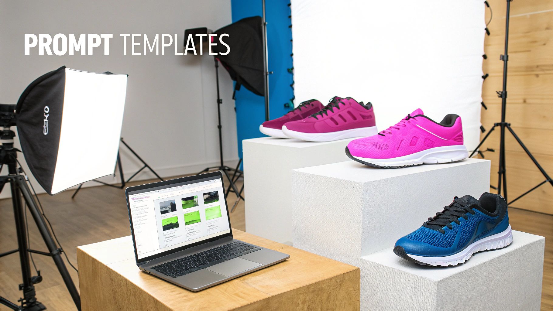 A product photography studio setup with softboxes, a laptop displaying prompt templates, and athletic shoes.