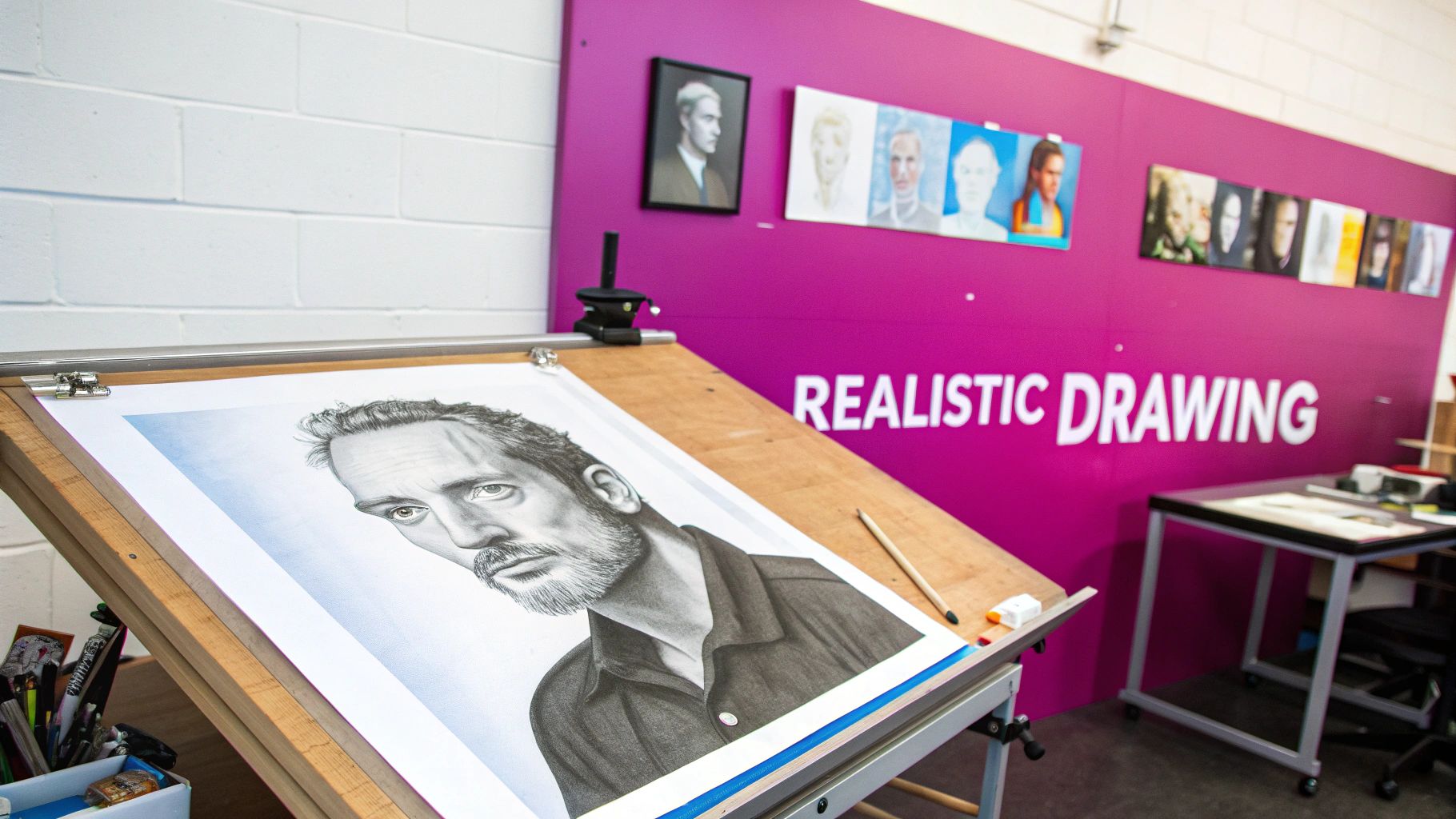 A detailed realistic drawing of a man with a beard on an art easel in a studio.