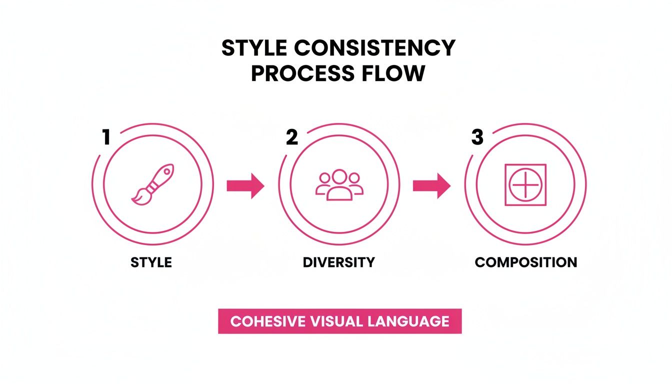 A diagram showing a three-step style consistency process flow with icons for Style, Diversity, and Composition, leading to a cohesive visual language.