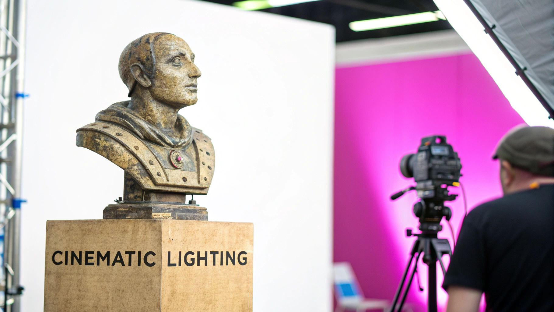 A detailed bust of a figure on a pedestal labeled 'CINEMATIC LIGHTING' in a studio setup with a camera and pink background.