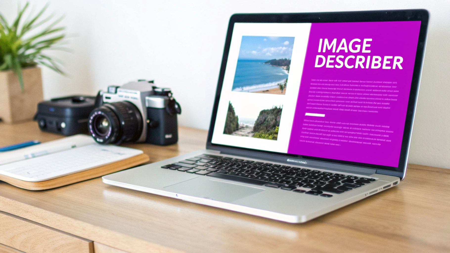 A silver laptop on a wooden desk displays an "Image Describer" app, next to a vintage camera and notebook.