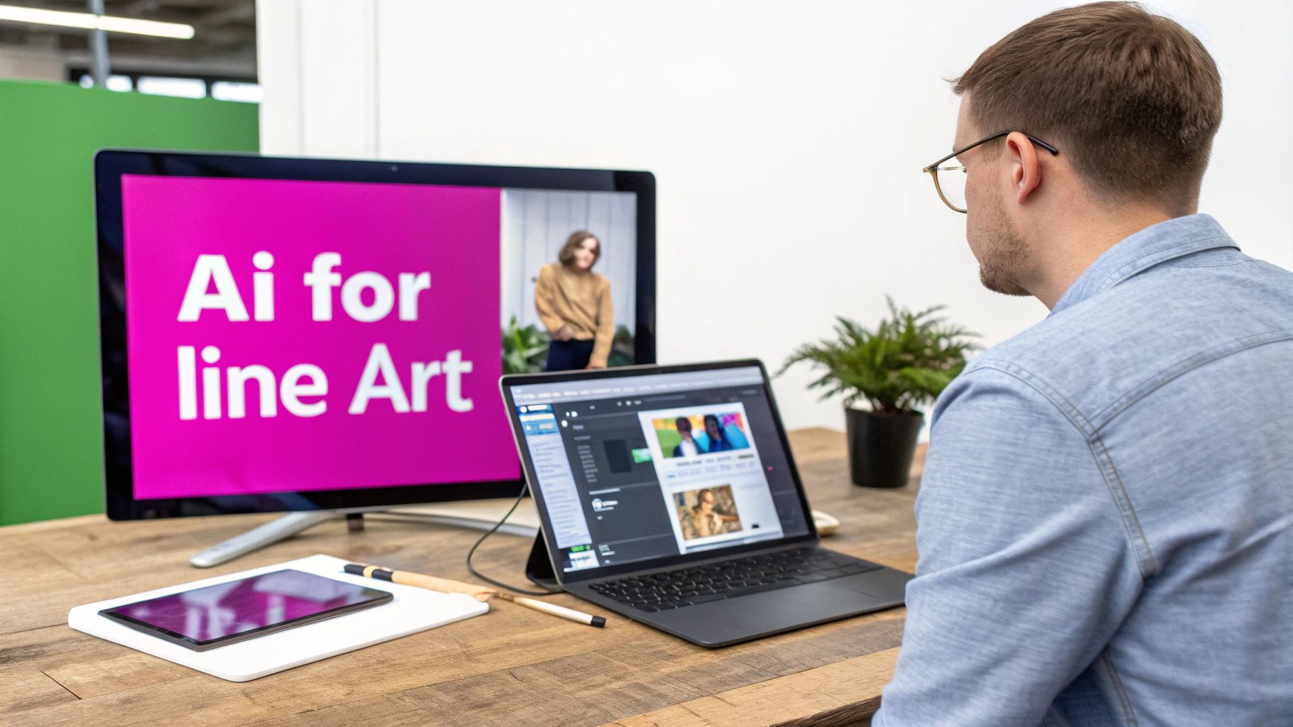 A person works at a desk, looking at a laptop and monitor displaying "Ai for line Art".