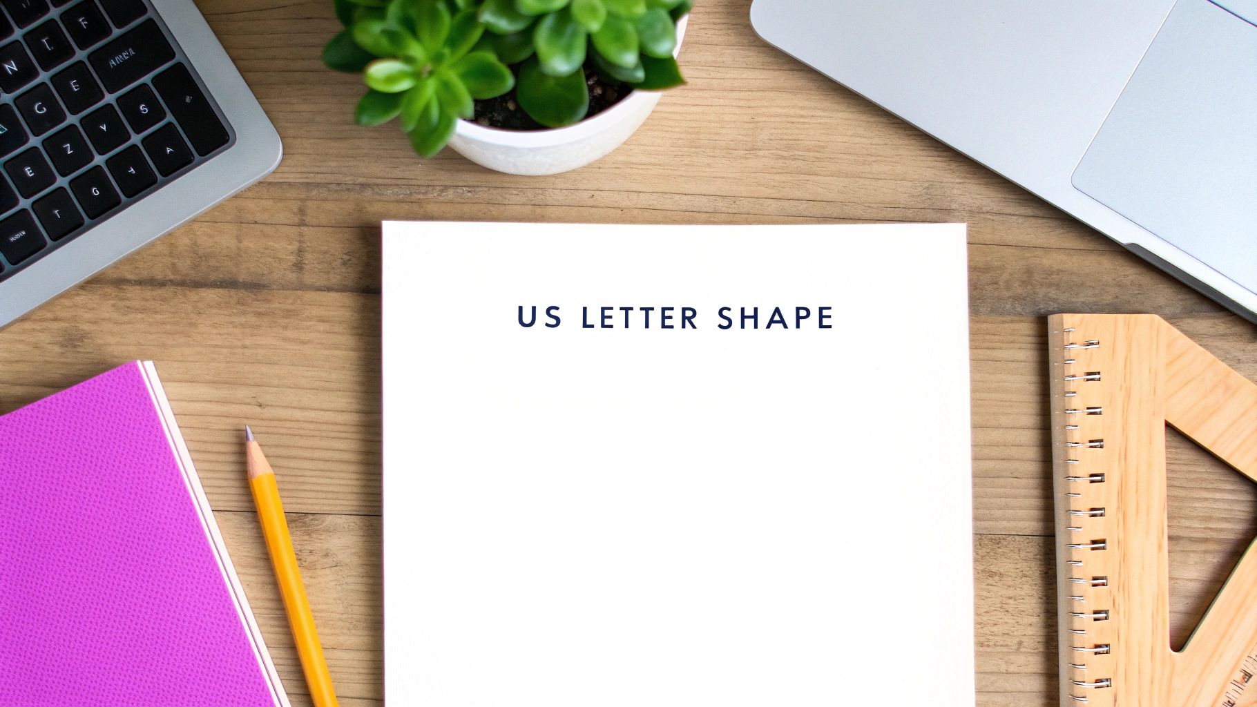 Flat lay of a wooden desk with a white paper displaying 'US LETTER SHAPE', surrounded by a laptop, plant, notebook, and ruler.