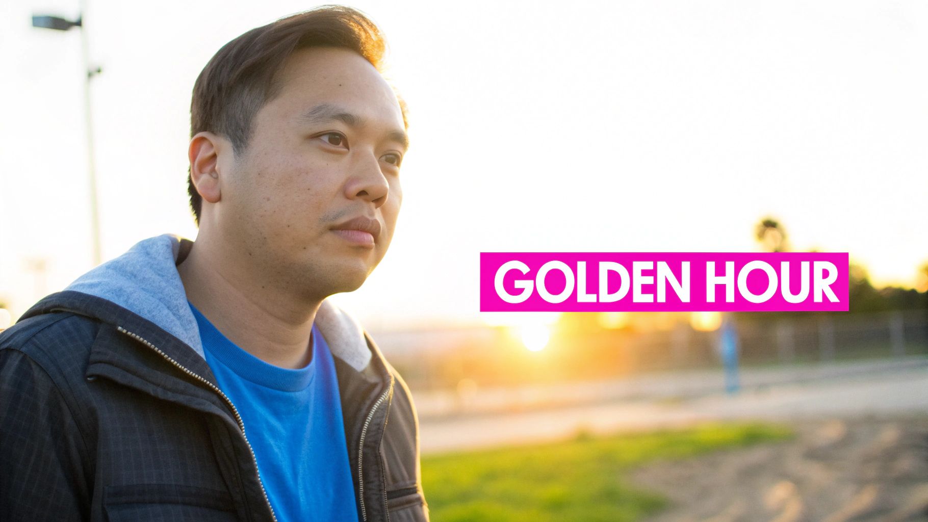Young Asian man in blue hoodie gazing thoughtfully during golden hour sunset outdoors