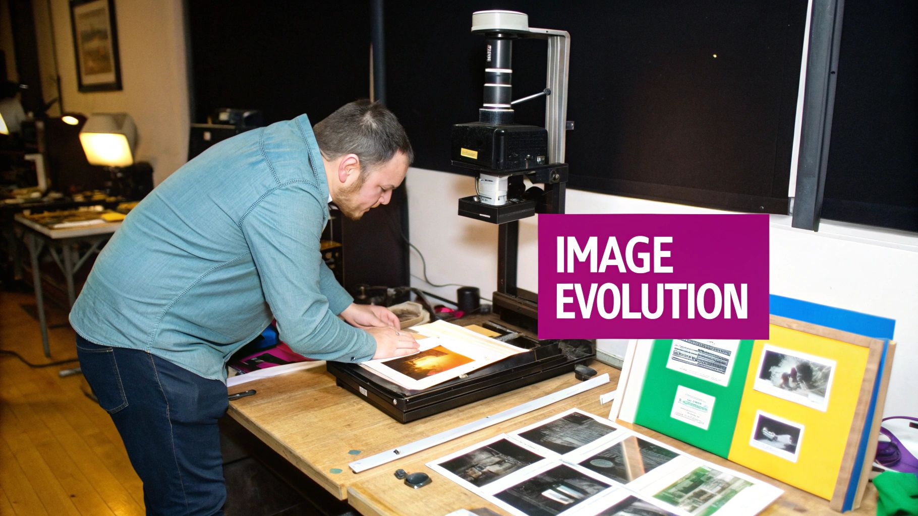 A vintage-style collage showing old film cameras and digital editing software, representing the evolution of image blending.