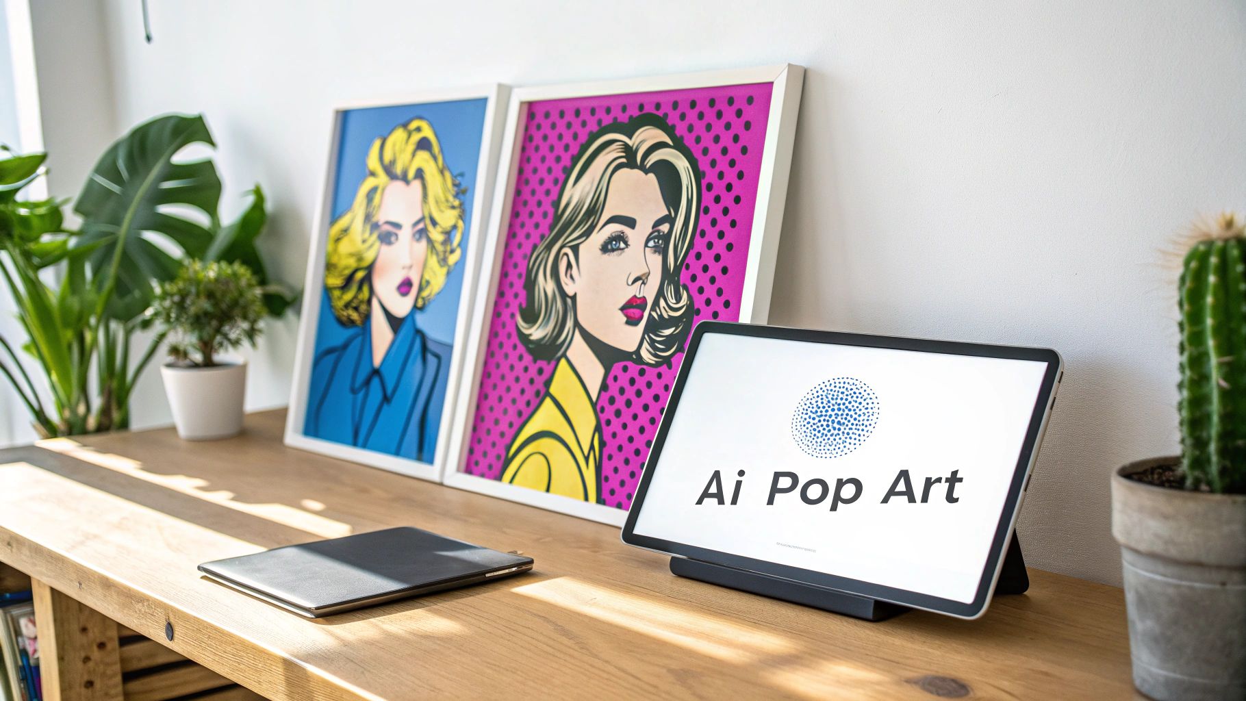 Two vibrant pop art paintings and a tablet displaying 'Ai Pop Art' on a modern wooden desk with plants.