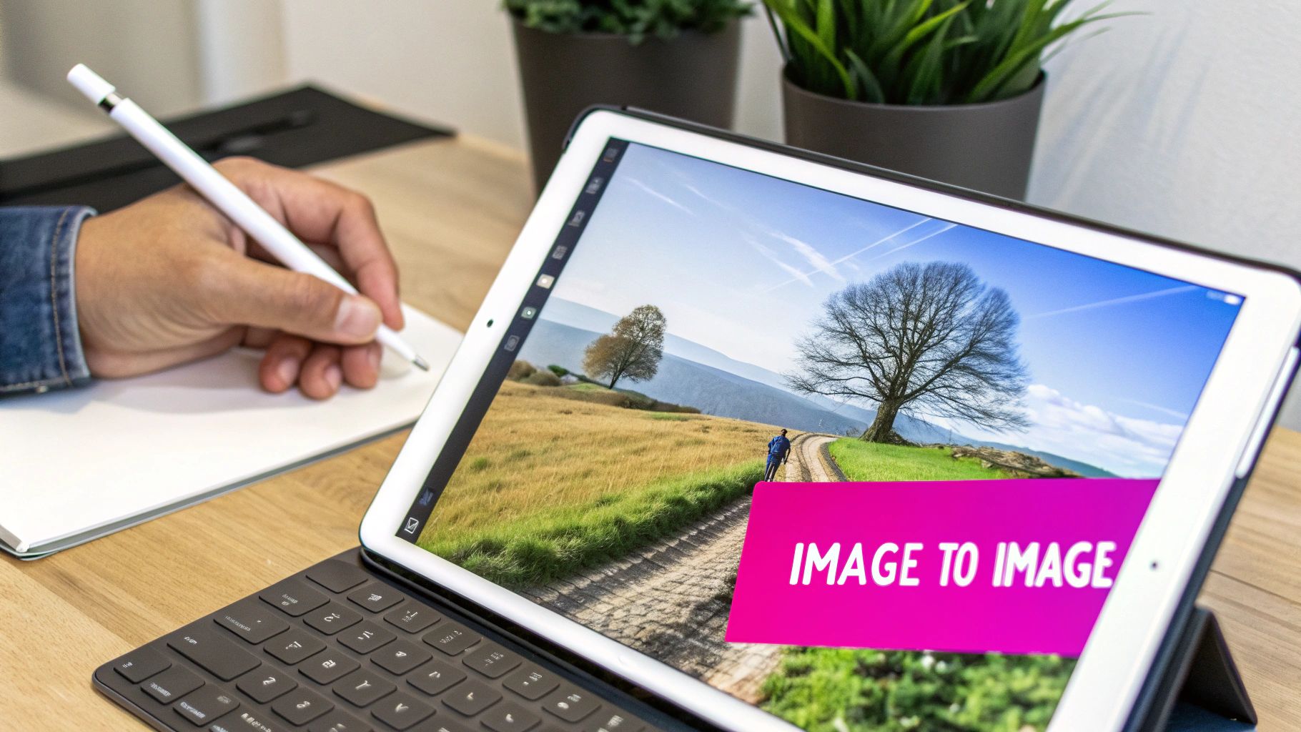 A person's hand uses a stylus on a tablet showing a scenic image with an 'IMAGE TO IMAGE' banner.