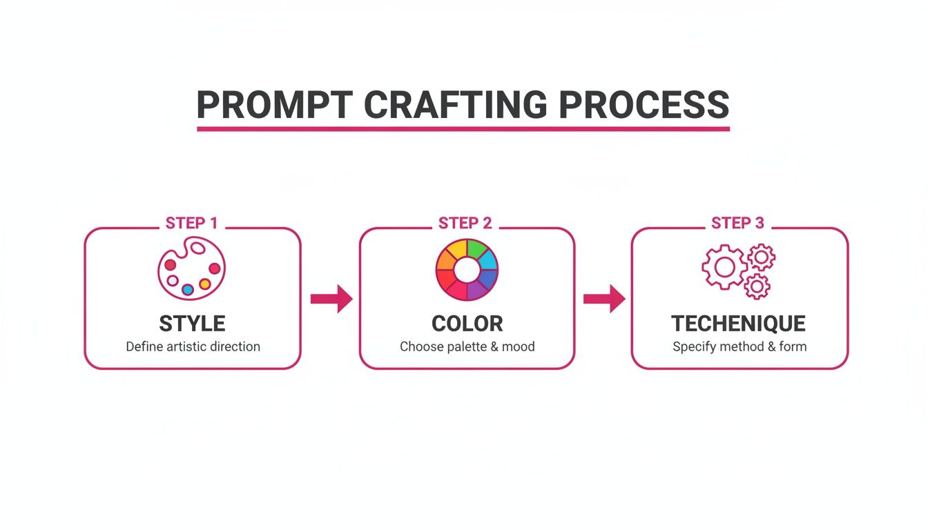A diagram illustrating the prompt crafting process with steps for style, color, and technique.