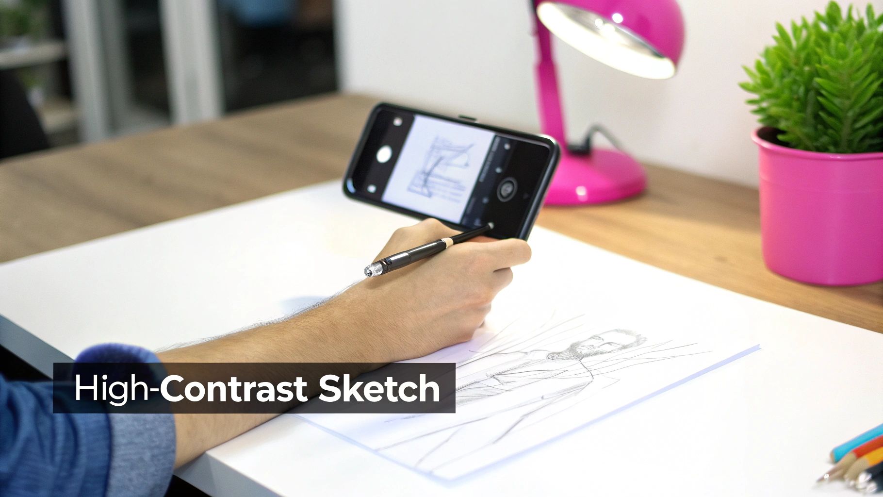 Person's hand drawing on paper using a smartphone and stylus, creating a high-contrast sketch.