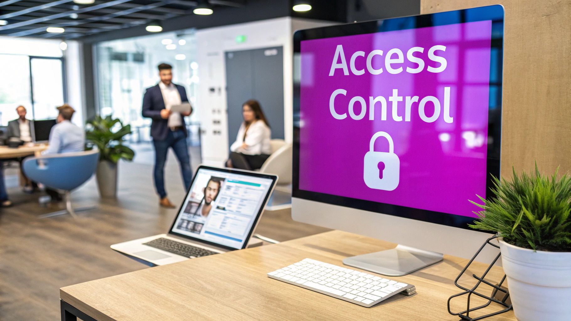 A diagram illustrating Role-Based Access Control, with user icons categorized into roles like 'Admin', 'Editor', and 'Viewer', each connected to different levels of asset permissions such as 'Upload/Edit', 'Download', and 'View Only'.