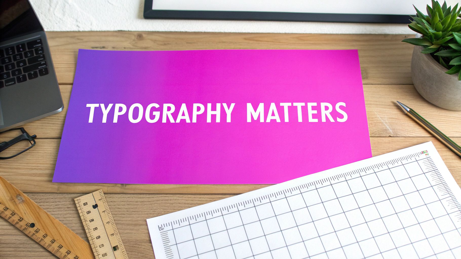 A creative workspace flat lay with a vibrant 'Typography Matters' sign on a wooden desk.