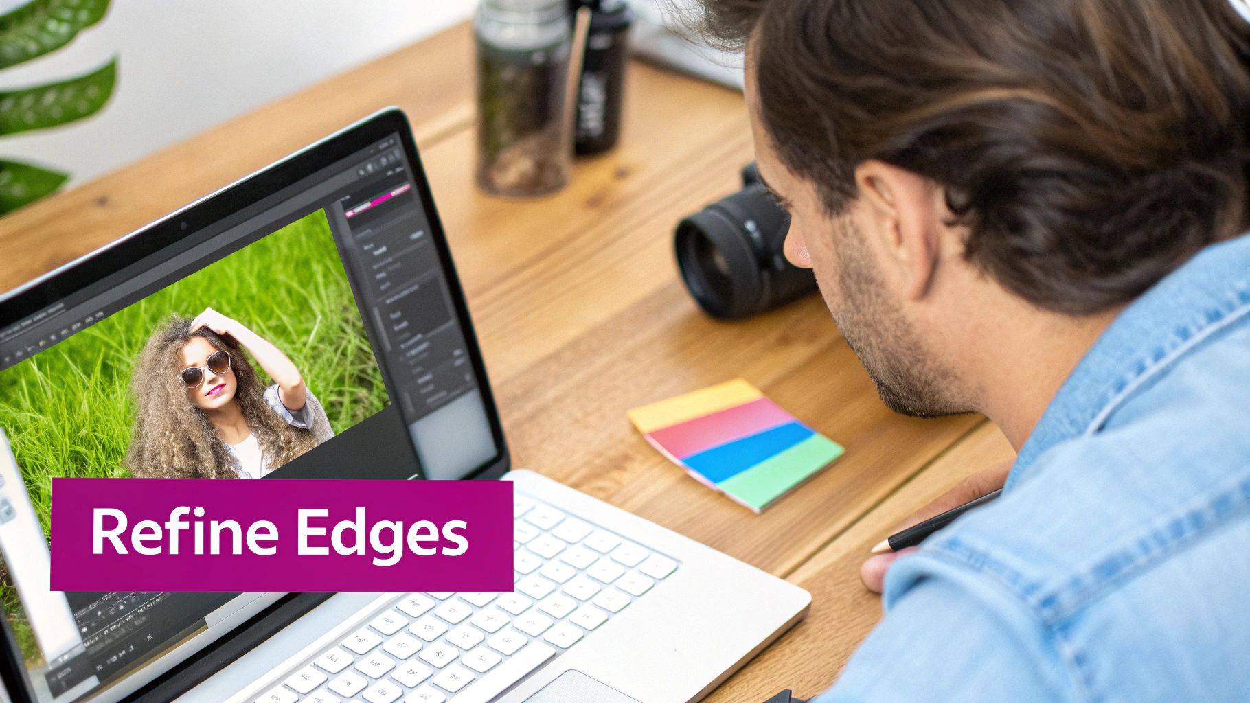 A close-up shot of a designer's hands using a stylus on a tablet to refine the edges of an image.