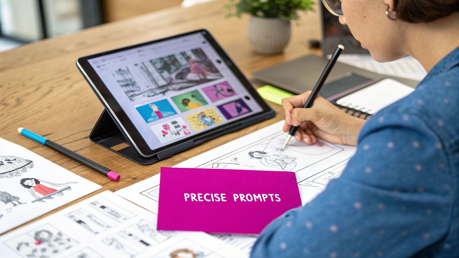 A stylized, artistic cartoon image of a person thinking, with colorful abstract shapes and ideas swirling around their head.