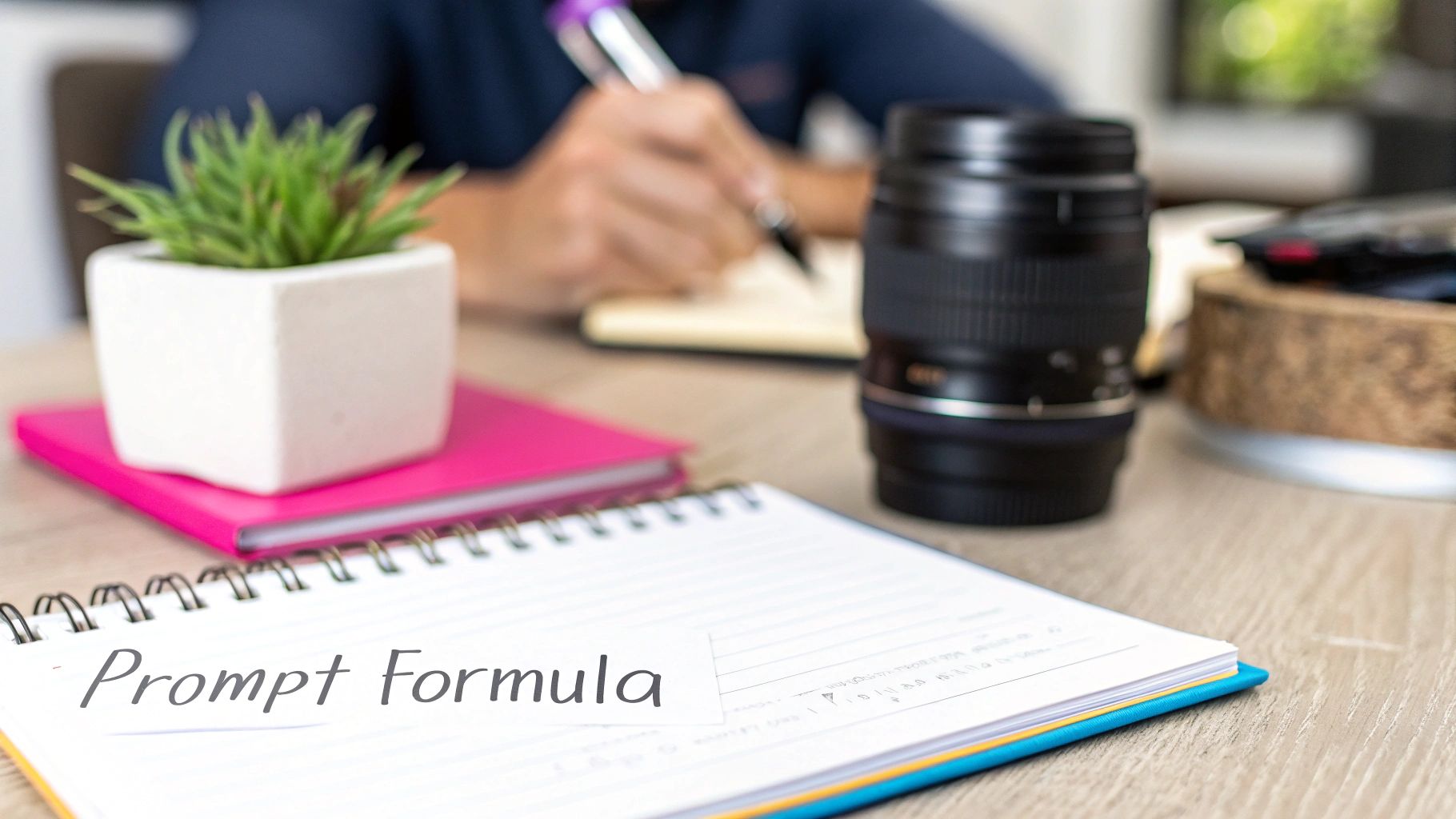 A desk with an open notebook displaying 'Prompt Formula,' a small plant, camera lens, and a person writing.