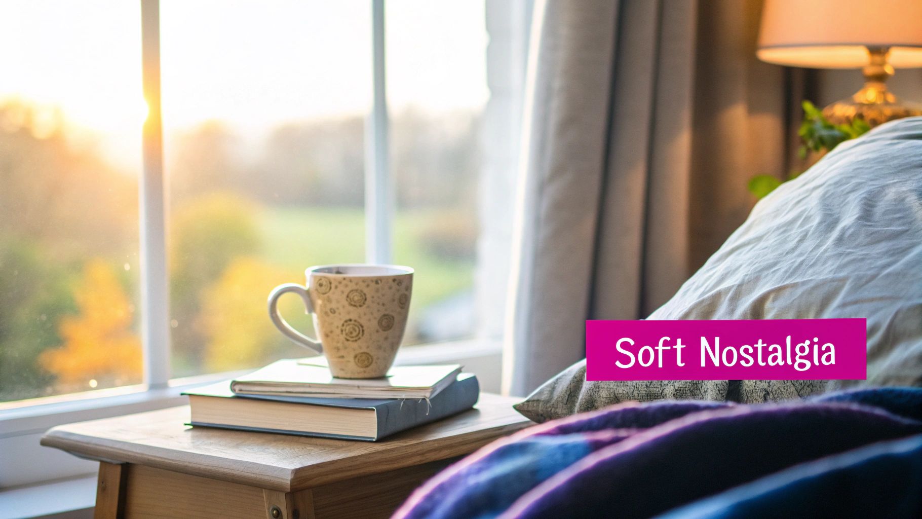 A cozy bedroom scene with a patterned mug and books on a side table by a sunny window.