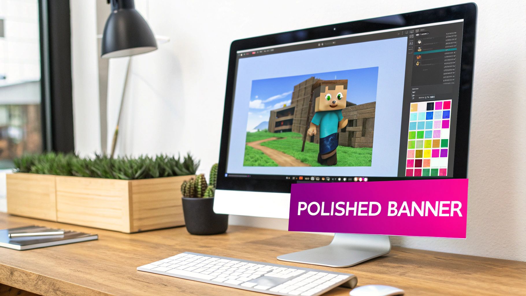 A computer screen on a wooden desk shows a Minecraft-style image with a 'Polished Banner' overlay, amidst office decor.