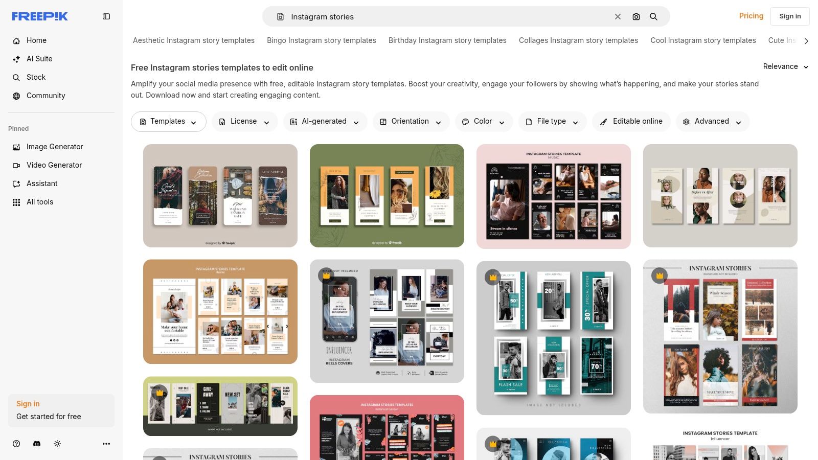 Freepik platform interface showing templates for cute Instagram story layouts