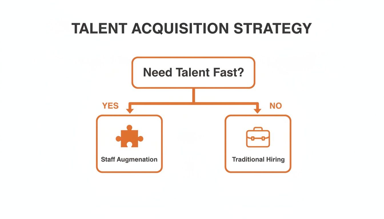 Flowchart illustrating talent acquisition strategy: choose staff augmentation for fast talent or traditional hiring.