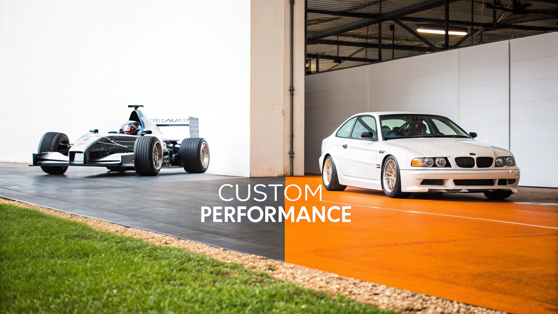 A silver formula race car and a white custom coupe on a split black and orange track.