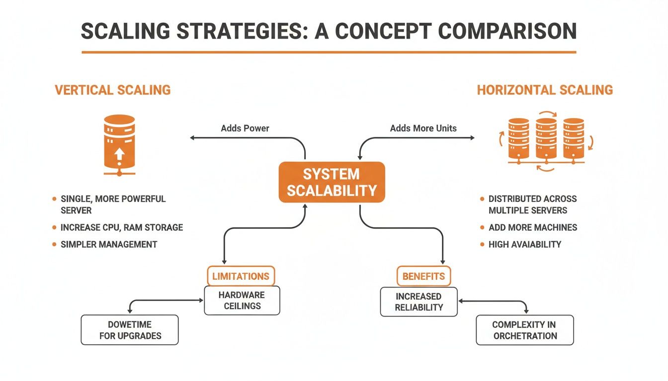 Diagram comparing vertical and horizontal scaling strategies for system scalability, showing benefits and limitations.