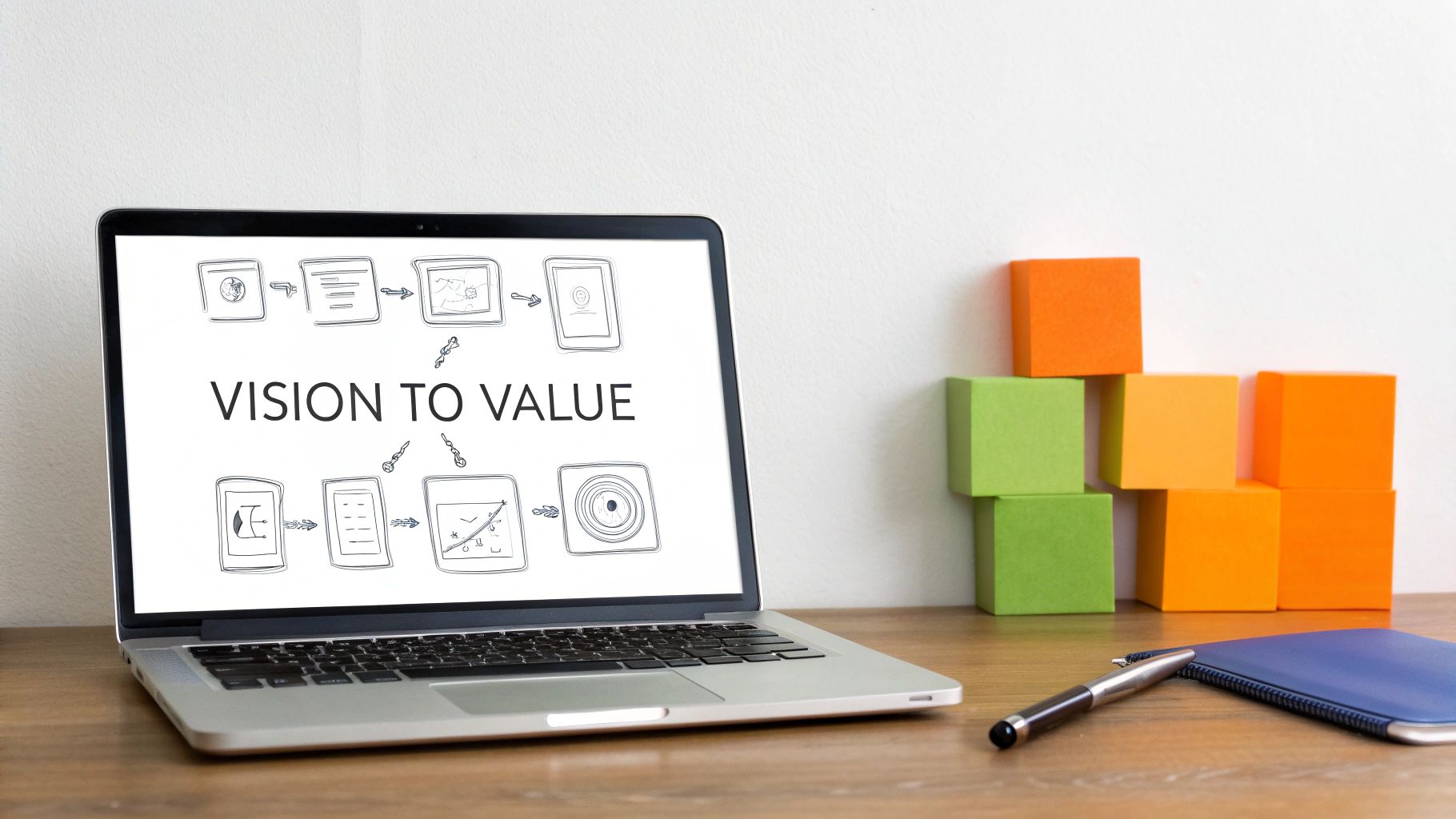 Laptop displaying a 'Vision to Value' process diagram, with colorful blocks and a pen on a wooden desk.
