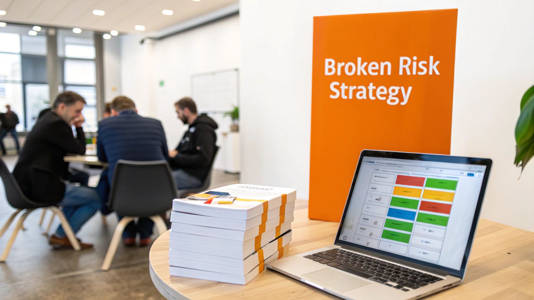 A laptop displaying a risk matrix, books, and 'Broken Risk Strategy' sign, with people at a meeting.