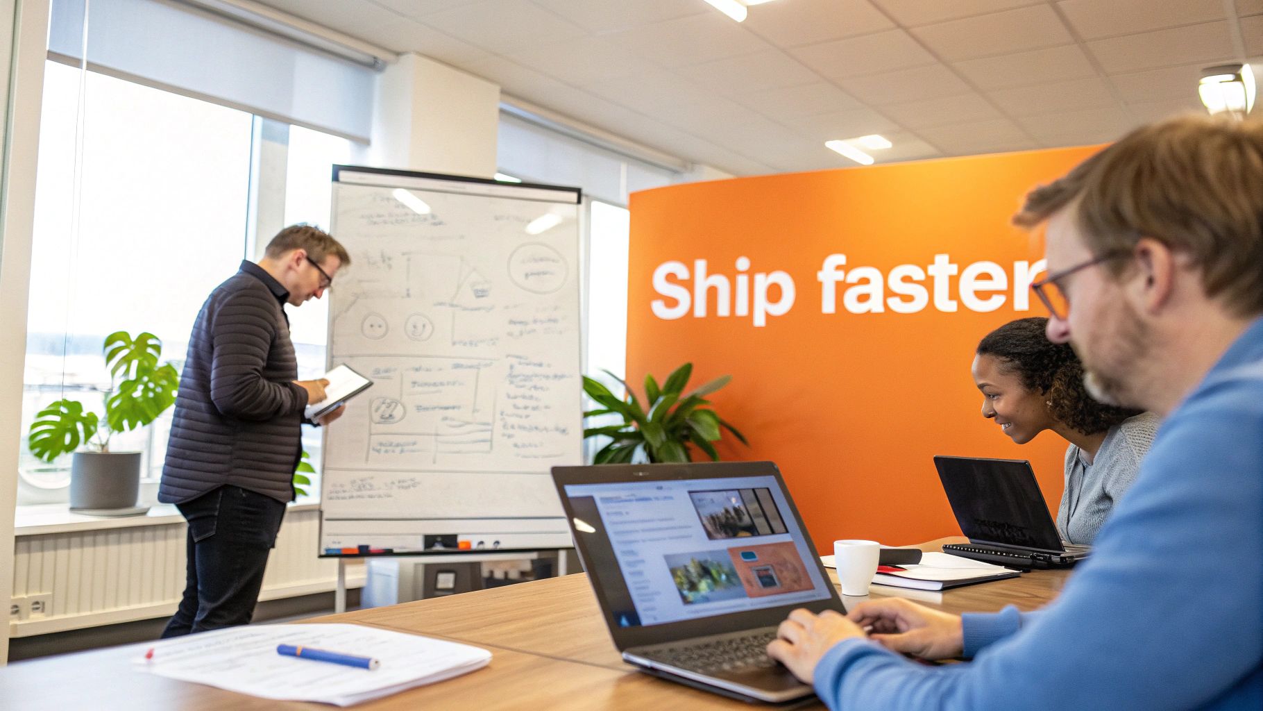 Team collaborating in a bright office space with laptops, a whiteboard, and an inspiring "Ship faster" sign.