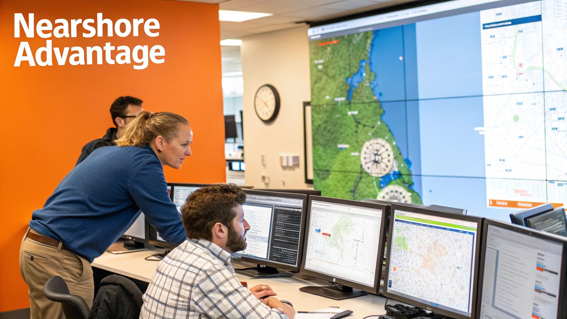 Team of tech professionals collaborating in a modern control room with large map displays.