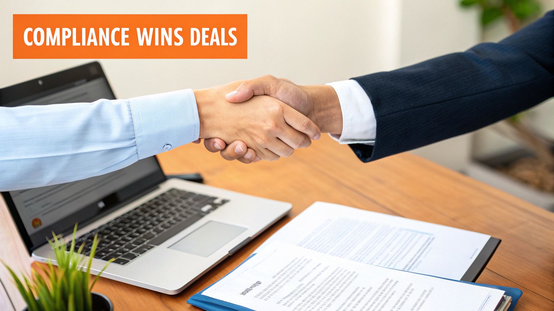 Two business professionals shaking hands over a desk with a laptop and documents, 'COMPLIANCE WINS DEALS' text.