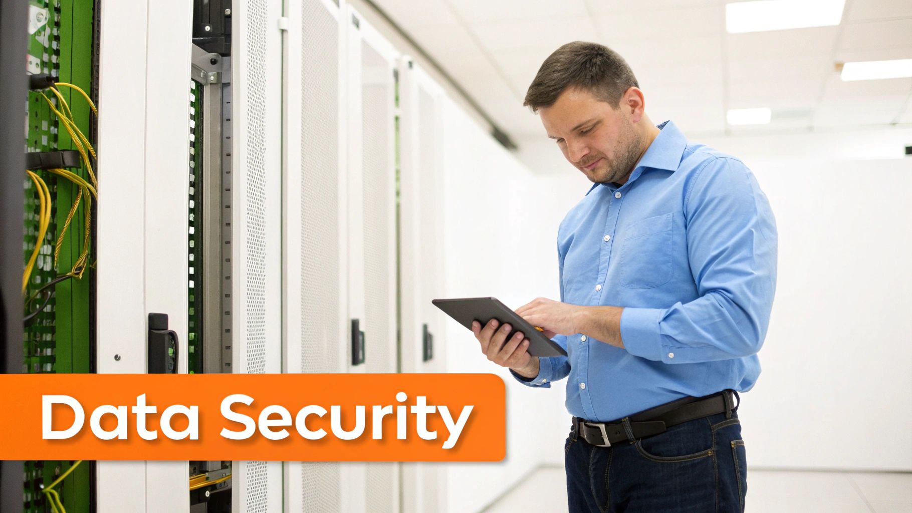 A man in a blue shirt works on a tablet in a data center with server racks, overlayed with "Data Security".