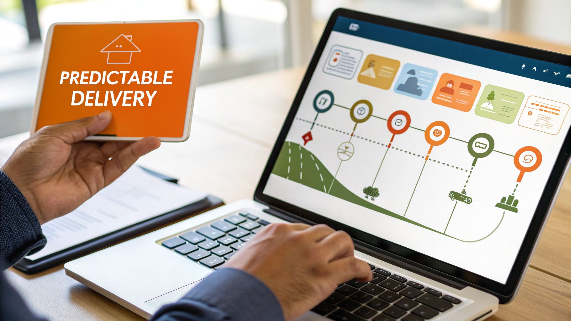 Person holding a tablet with 'PREDICTABLE DELIVERY' while typing on a laptop displaying a process diagram.
