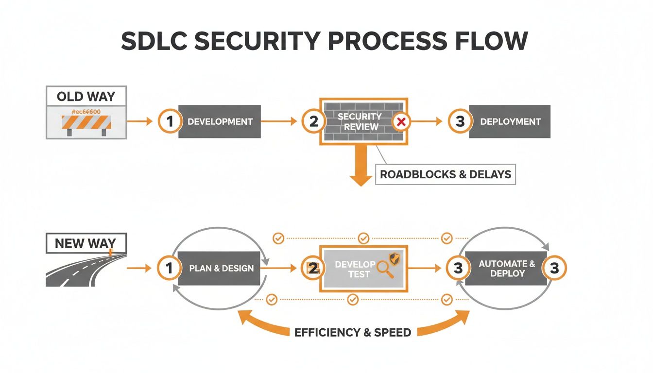 An infographic comparing traditional and modern SDLC security processes, emphasizing continuous security for speed.