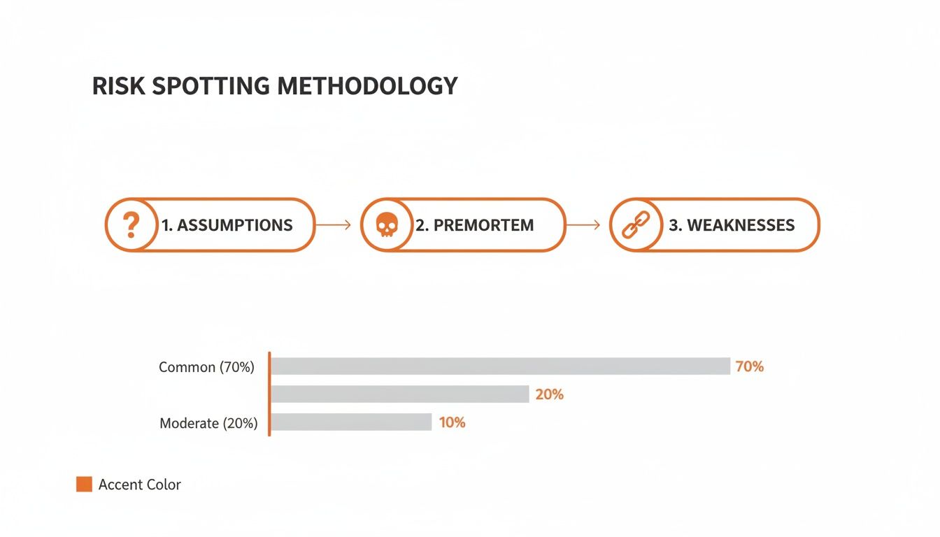 A diagram detailing a three-step risk spotting methodology: Assumptions, Premortem, Weaknesses, along with a bar chart of risk percentages.