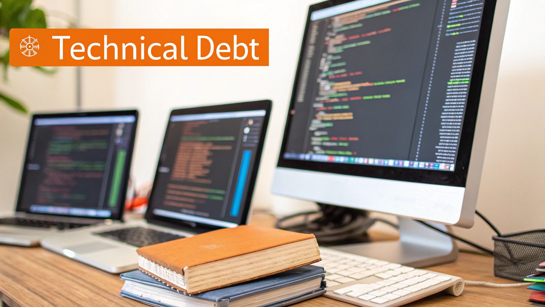 A desk with multiple computers displaying code, laptops, and books, under a 'Technical Debt' banner.