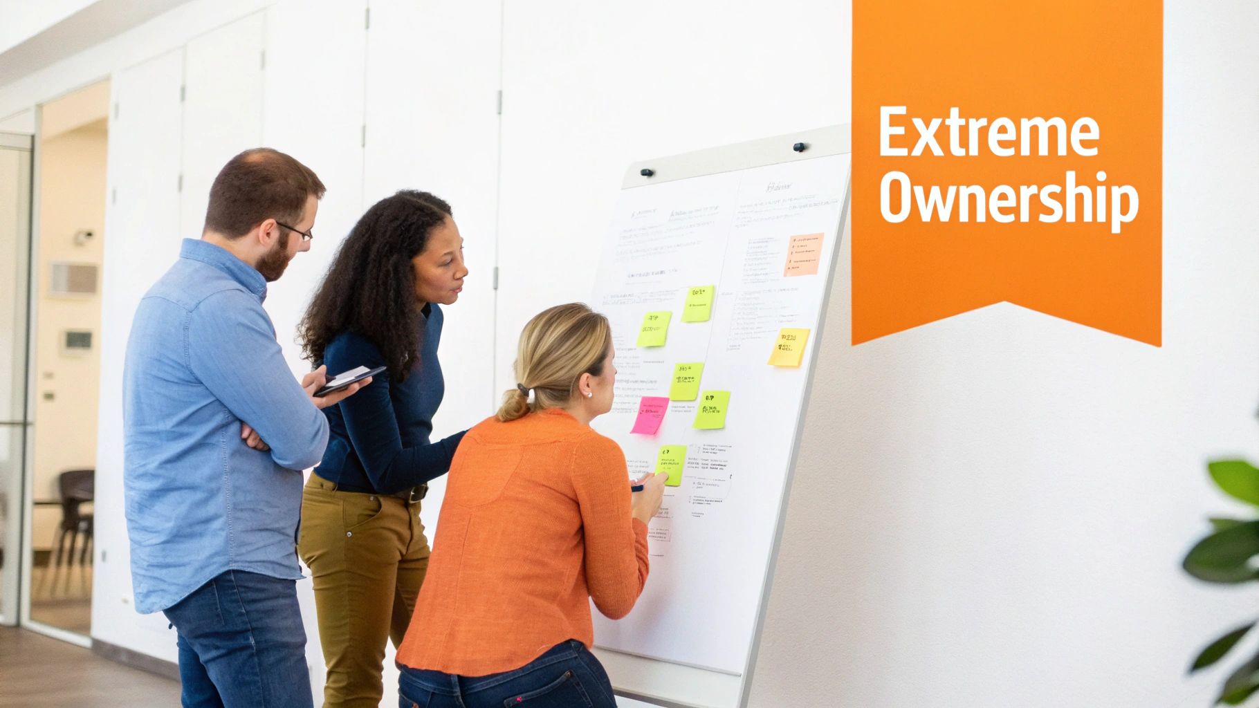Three diverse professionals, two women and one man, collaborating on a whiteboard with sticky notes.