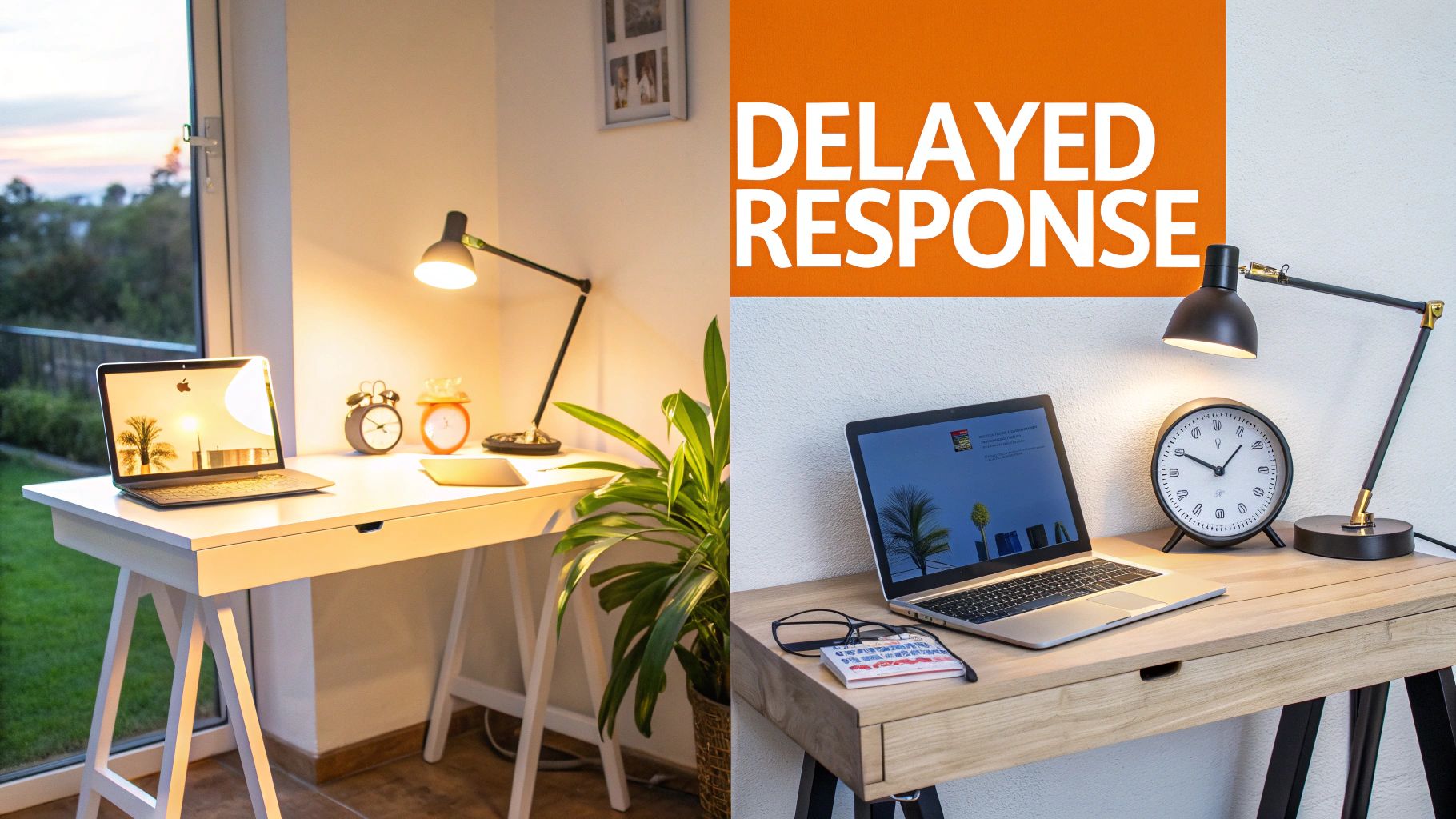 Two home office desk setups, one bright with a white desk, the other with a wooden desk and 'DELAYED RESPONSE' text.