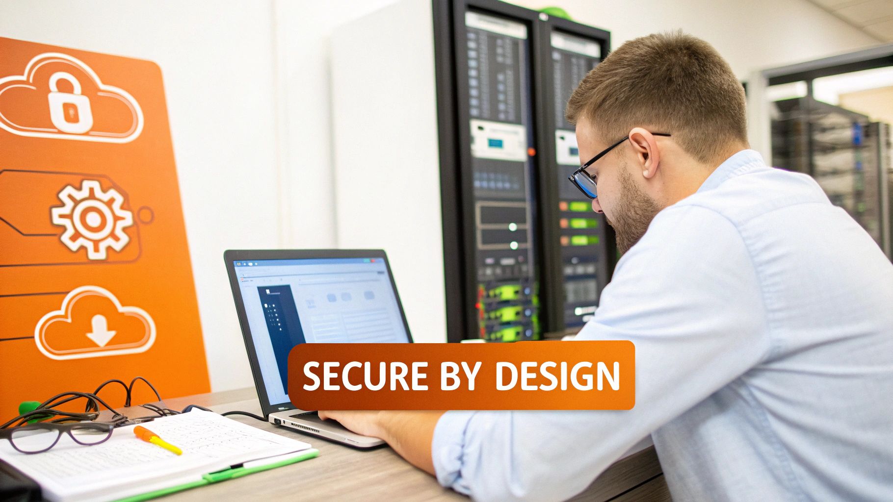 A man working on a laptop in a server room, with an orange overlay saying "SECURE BY DESIGN."