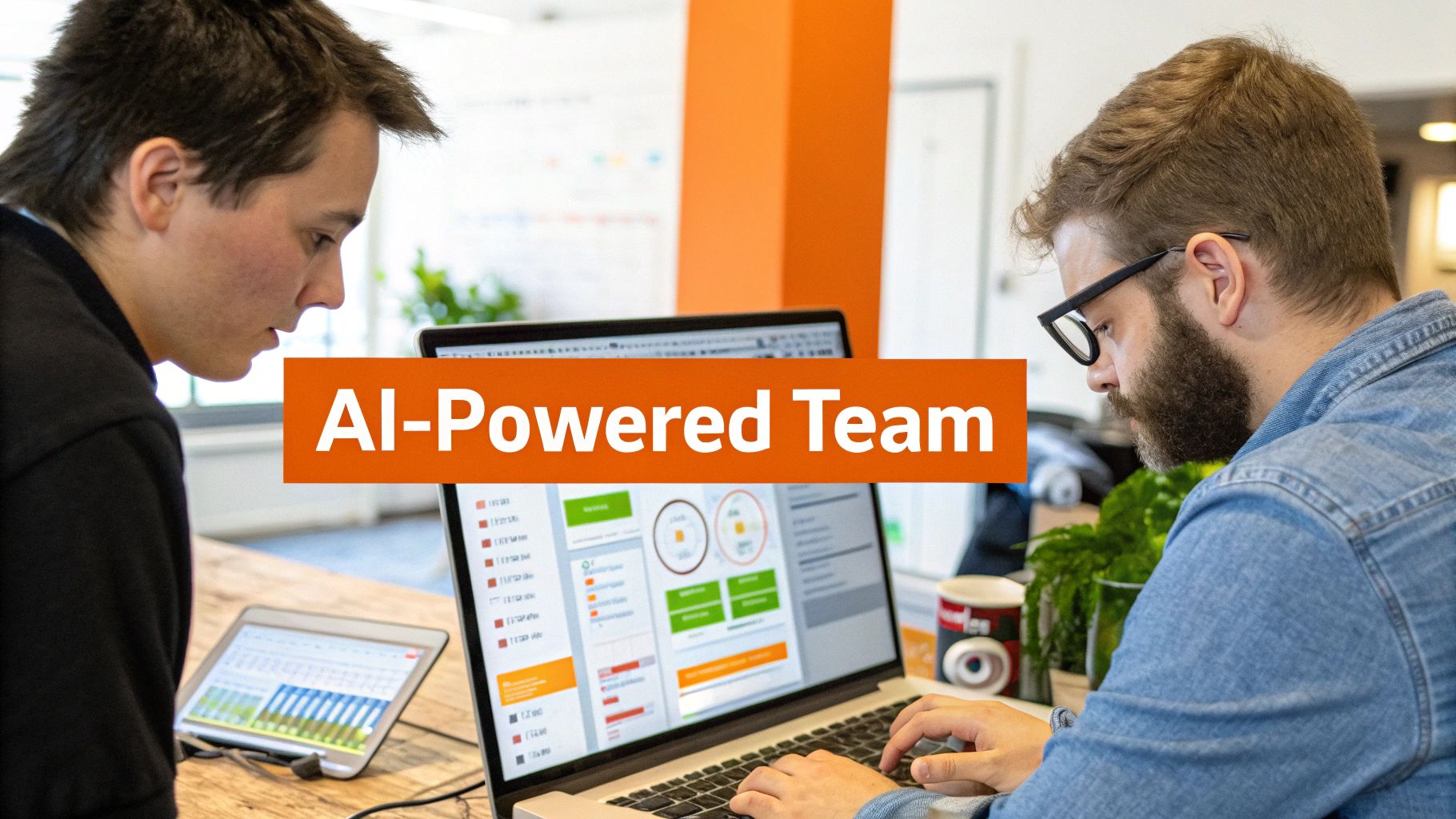 Two men collaborating on laptops and a tablet in an office, with 'AI-Powered Team' overlay.