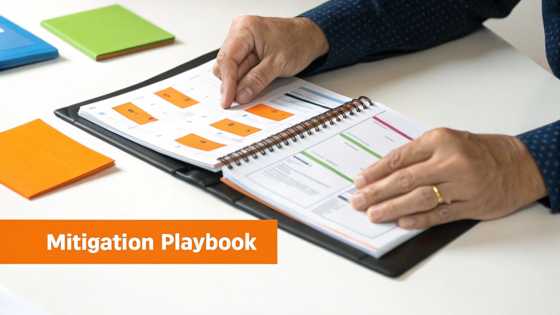 Close-up of hands reviewing a 'Mitigation Playbook' on a desk with colorful notebooks.