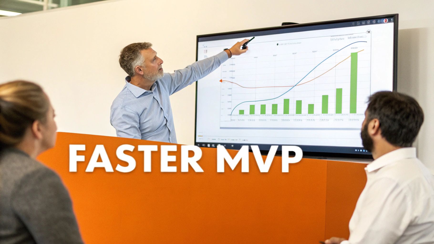 A man presents data on a large screen during a meeting, with 'FASTER MVP' text.