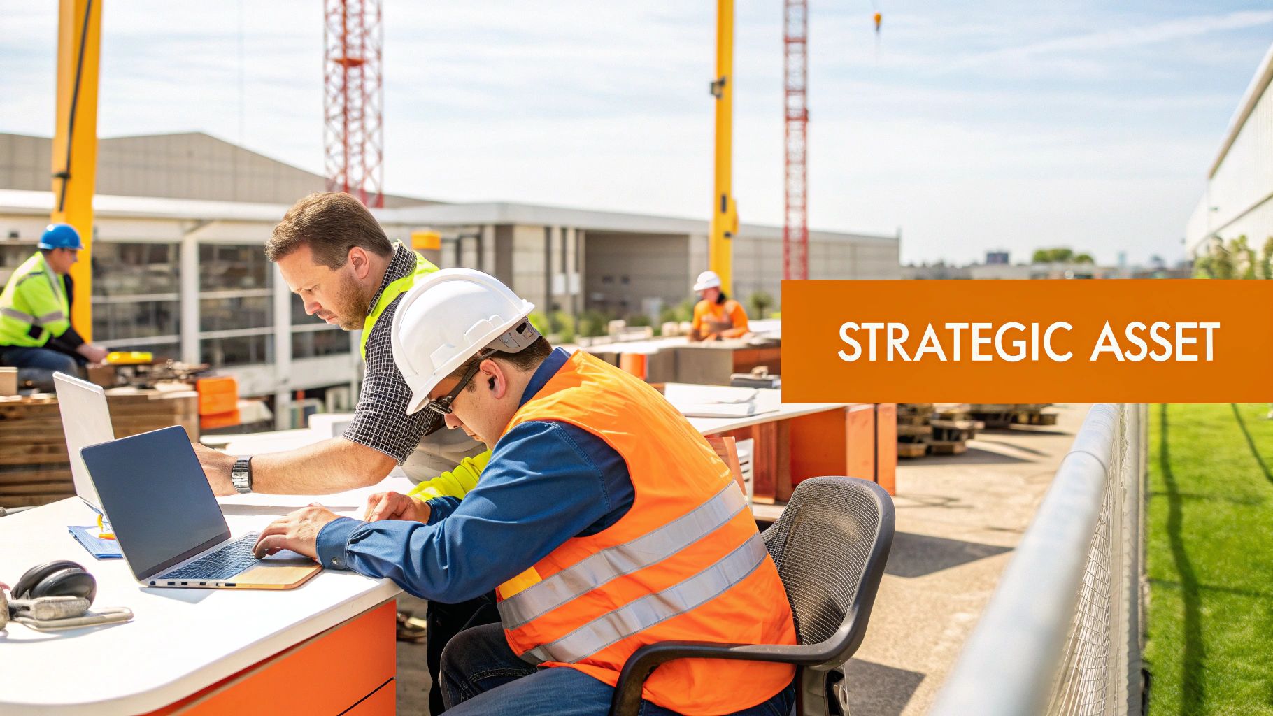 Two construction workers collaborate on laptops at a construction site with "STRATEGIC ASSET" text.