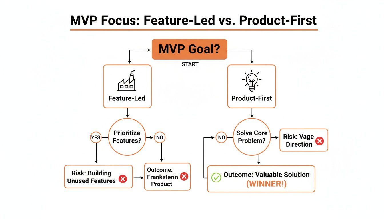 Flowchart comparing Feature-Led vs. Product-First MVP strategies, outlining risks and valuable outcomes.