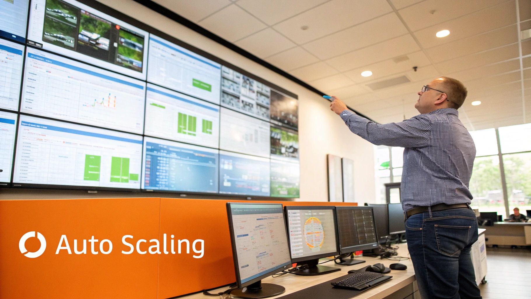 A person in a command center uses a remote to interact with large data monitoring screens showing auto scaling.