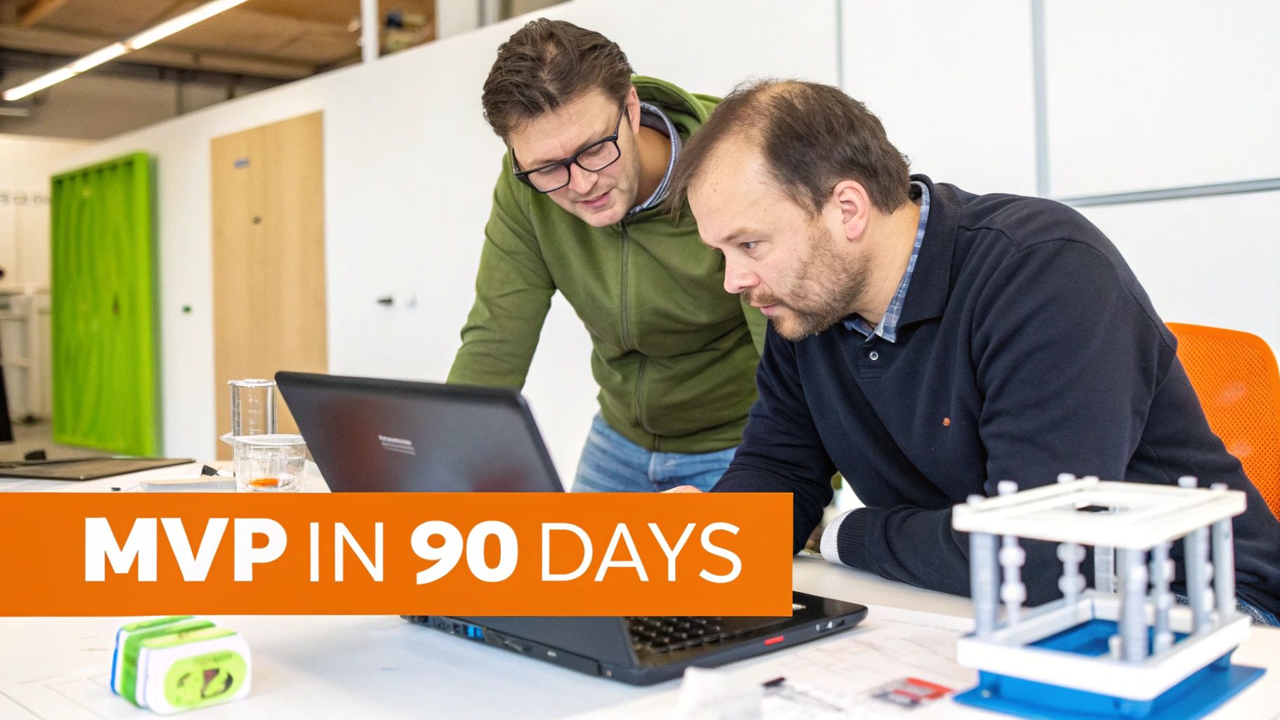 Two men intently collaborating on a laptop, working on a project with an 'MVP in 90 Days' overlay.