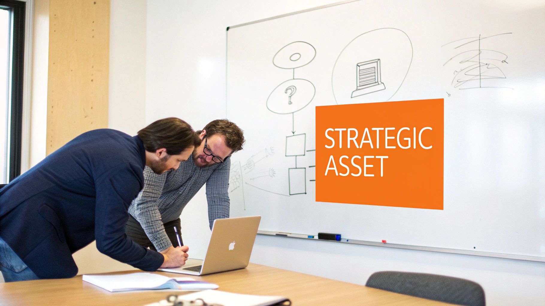 Two men collaborate on a laptop in an office, with a whiteboard displaying 'STRATEGIC ASSET'.