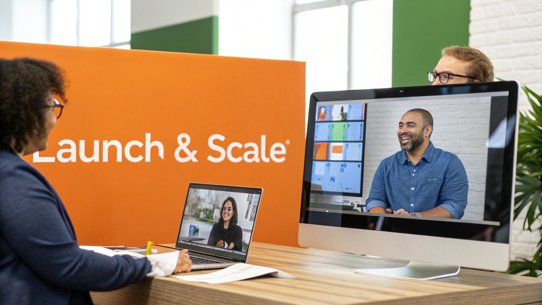 Diverse team collaborating remotely in an modern office setting with 'Launch & Scale' branding.