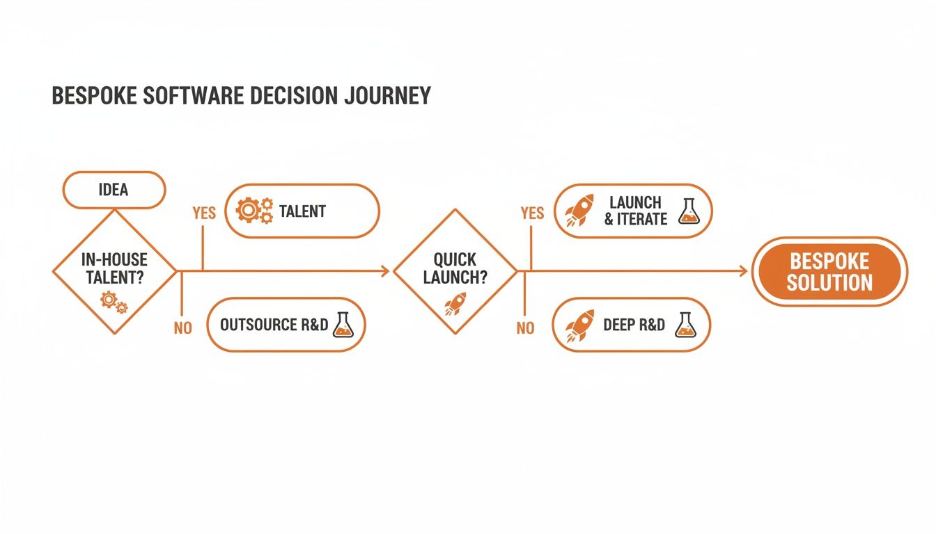 Bespoke software decision journey flowchart showing talent, R&D, launch, and iteration steps.